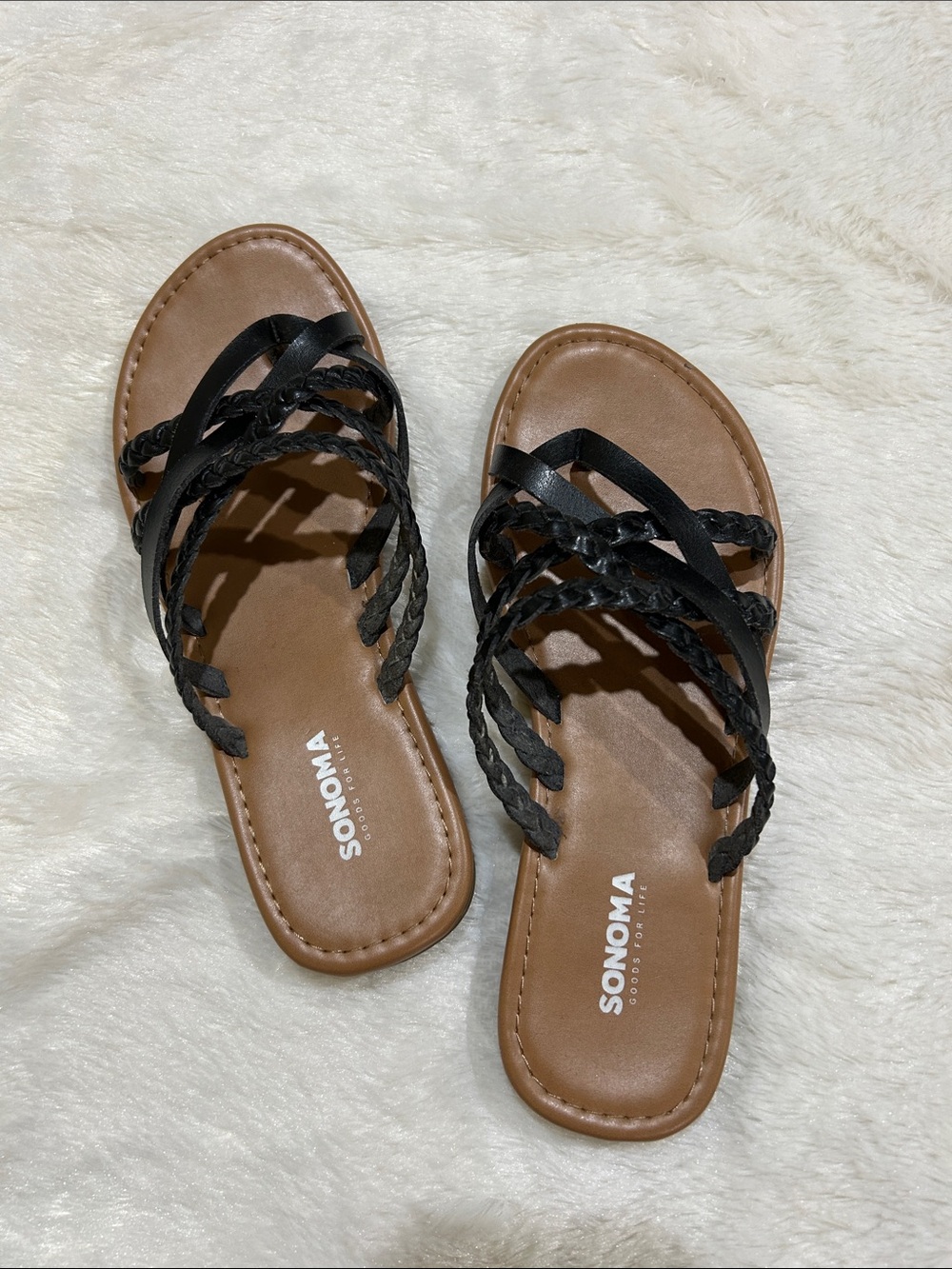 Sonoma Black Braided Multi-Strap Slide Sandals with Tan Footbed